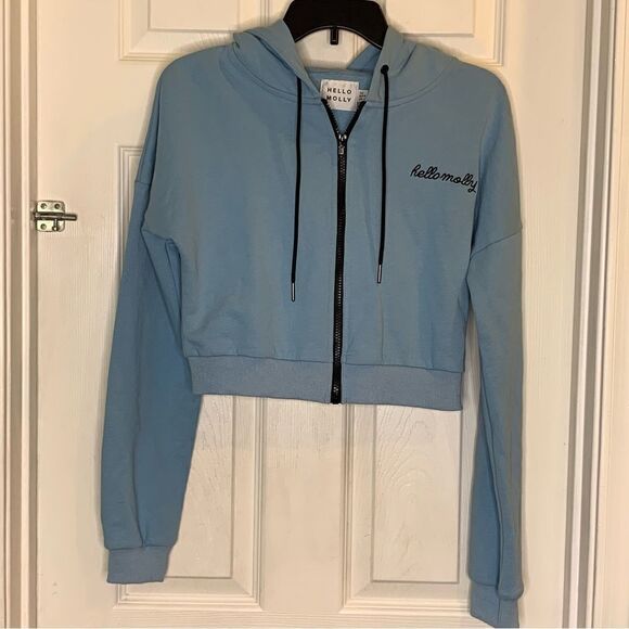 Hello Molly Tops - Hello Molly Cropped Hooded Sweatshirt Blue Size 4